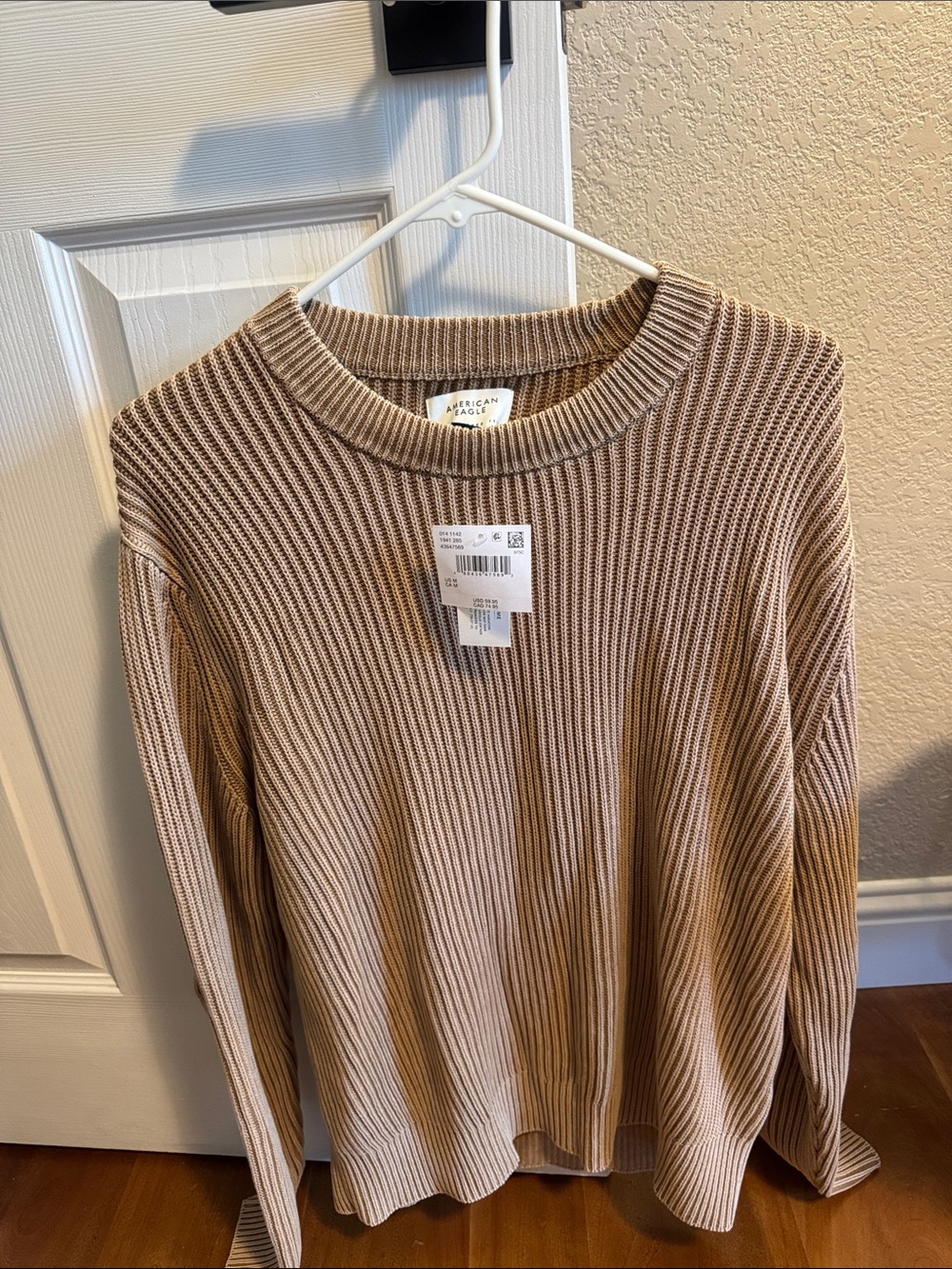 American Eagle Outfitters Men's Ribbed Crewneck Sweater - Beige/Tan